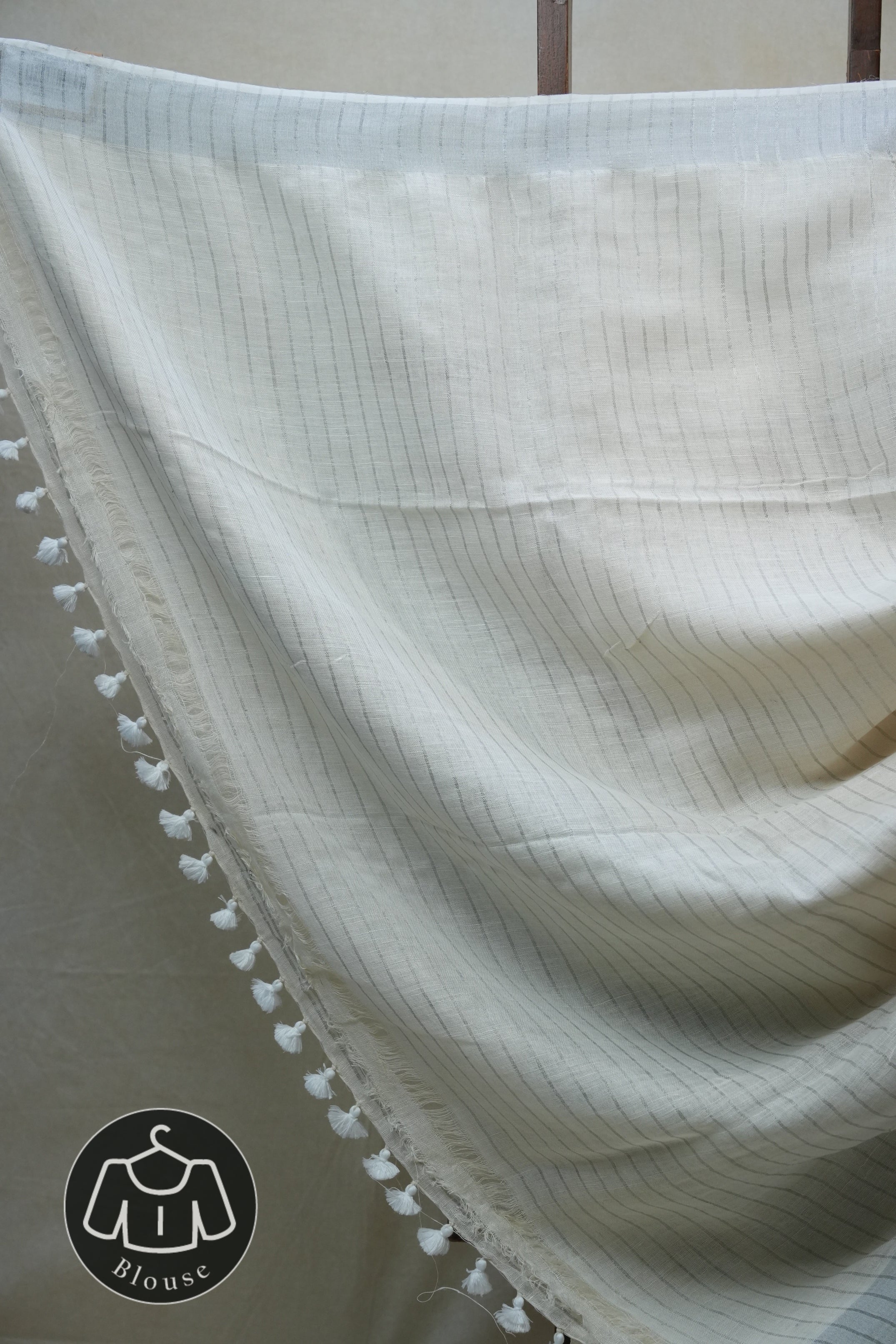 Off White  Plain Linen Saree With White Tassels - SROWPLS296