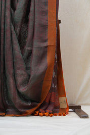 Two Tone Maroon Linen Jamdani Saree With Tassels -  SRTTMLJS373