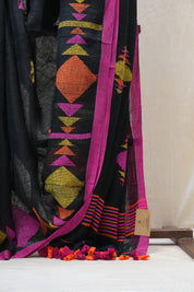 Moss Green Linen Jamdani Saree With Tassels - SRMGLJS351