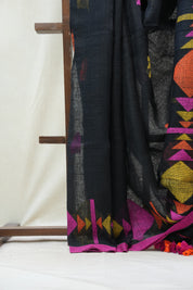 Moss Green Linen Jamdani Saree With Tassels - SRMGLJS351