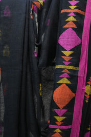 Moss Green Linen Jamdani Saree With Tassels - SRMGLJS351