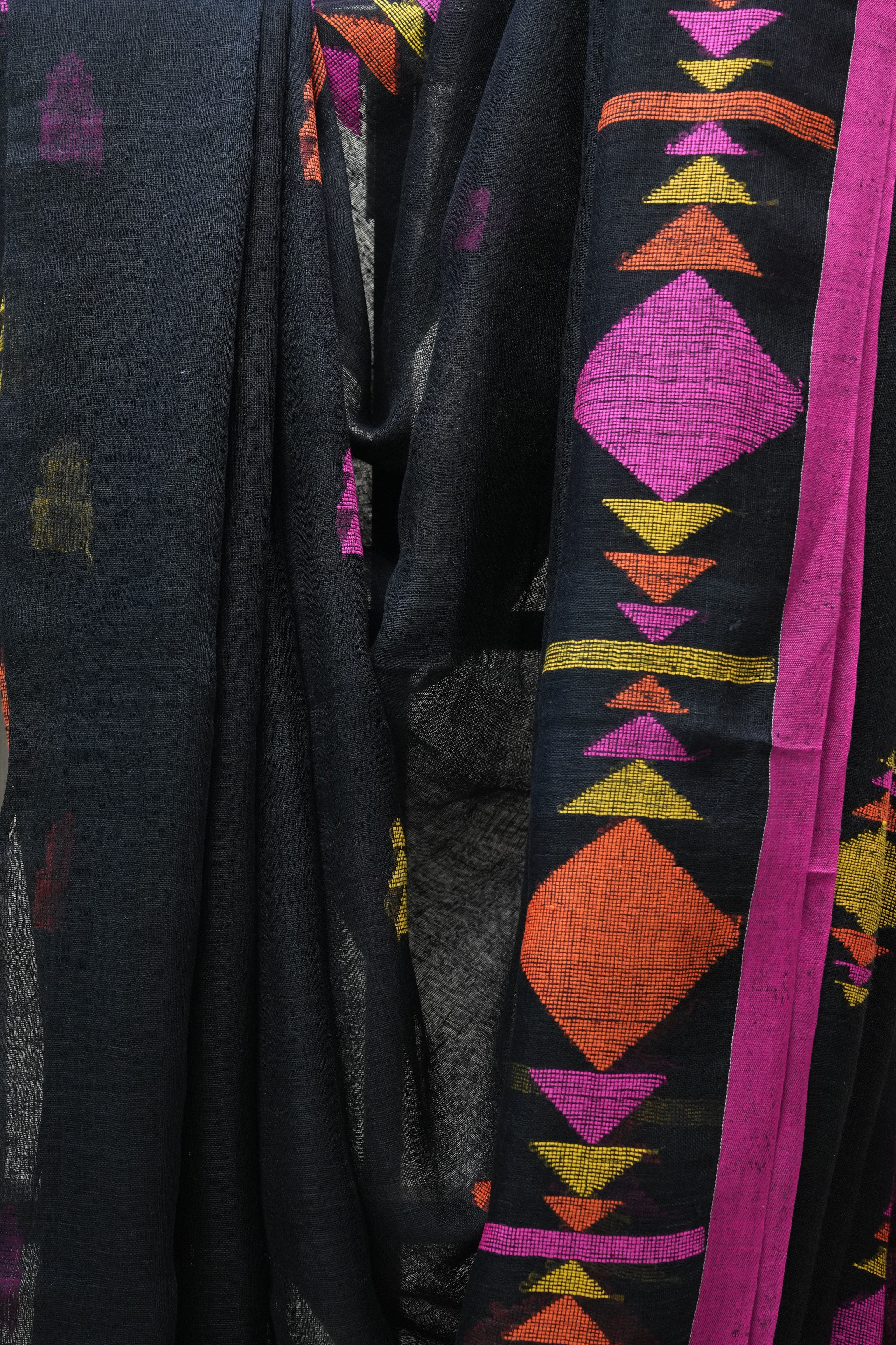 Moss Green Linen Jamdani Saree With Tassels - SRMGLJS351