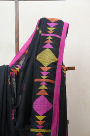 Moss Green Linen Jamdani Saree With Tassels - SRMGLJS351