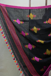 Moss Green Linen Jamdani Saree With Tassels - SRMGLJS351