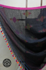 Moss Green Linen Jamdani Saree With Tassels - SRMGLJS351