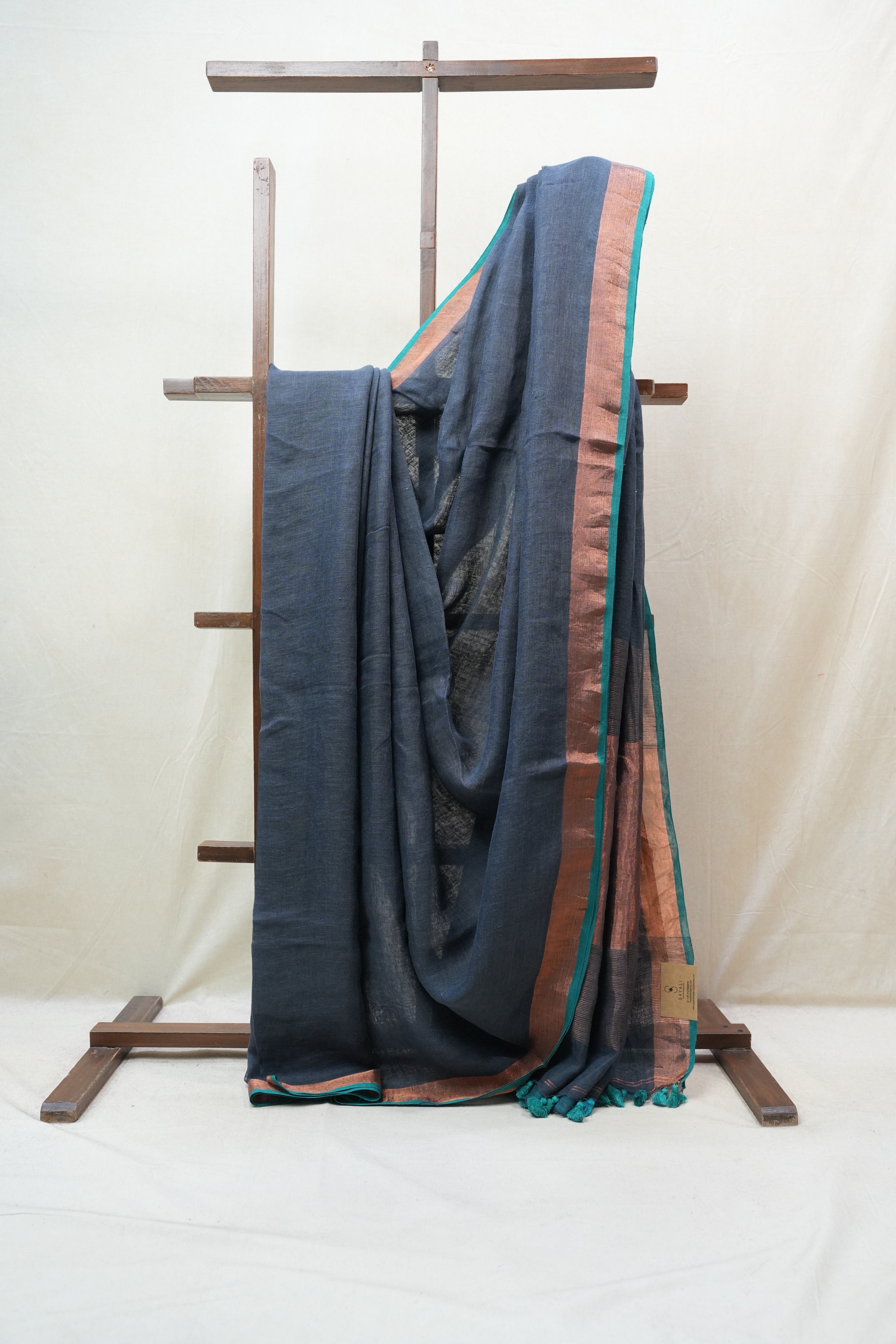 Dark Gray Plain Linen Saree With Green Tassels - SRDGPLS289