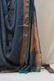 Dark Gray Plain Linen Saree With Green Tassels - SRDGPLS289