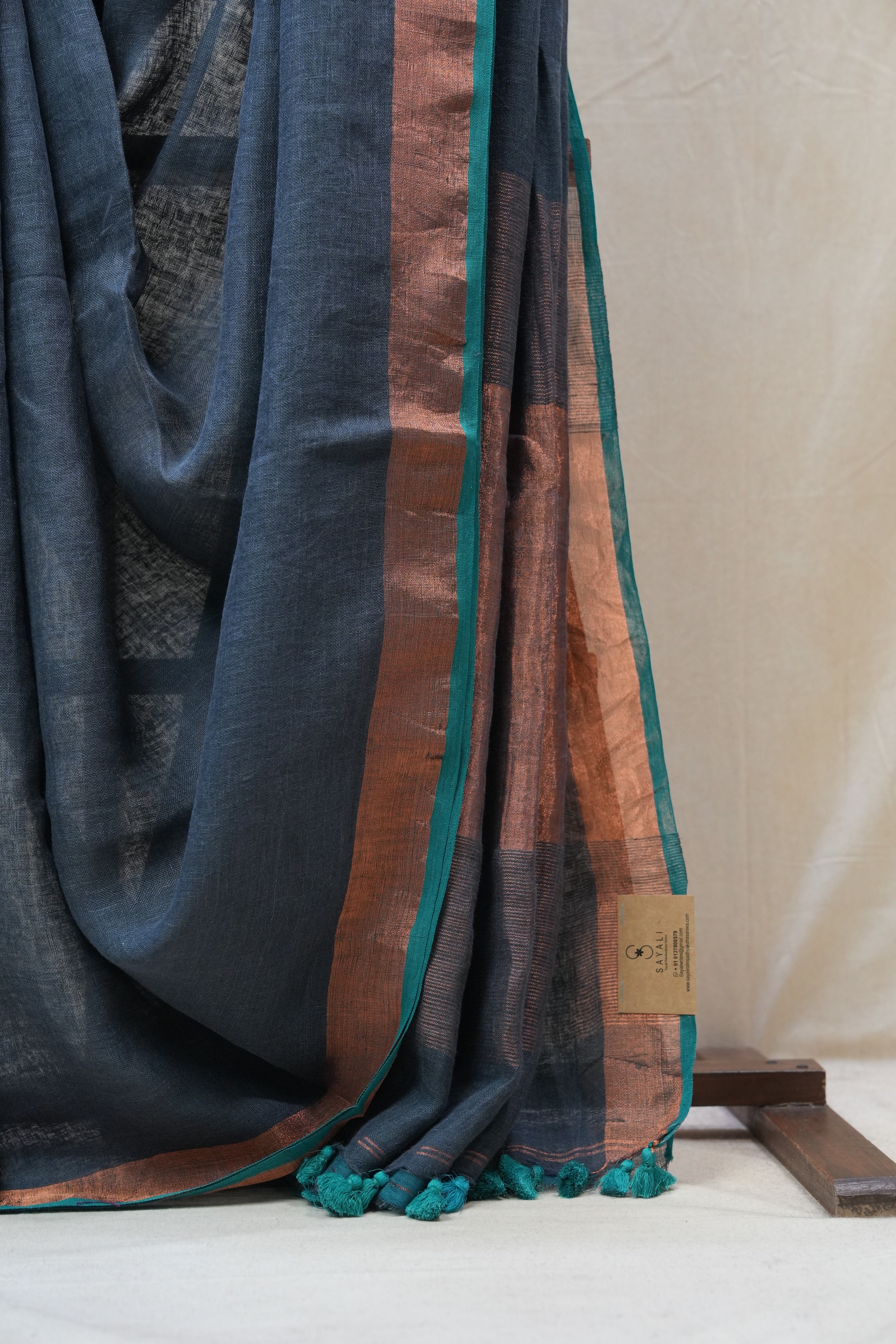 Dark Gray Plain Linen Saree With Green Tassels - SRDGPLS289