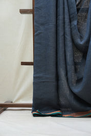 Dark Gray Plain Linen Saree With Green Tassels - SRDGPLS289