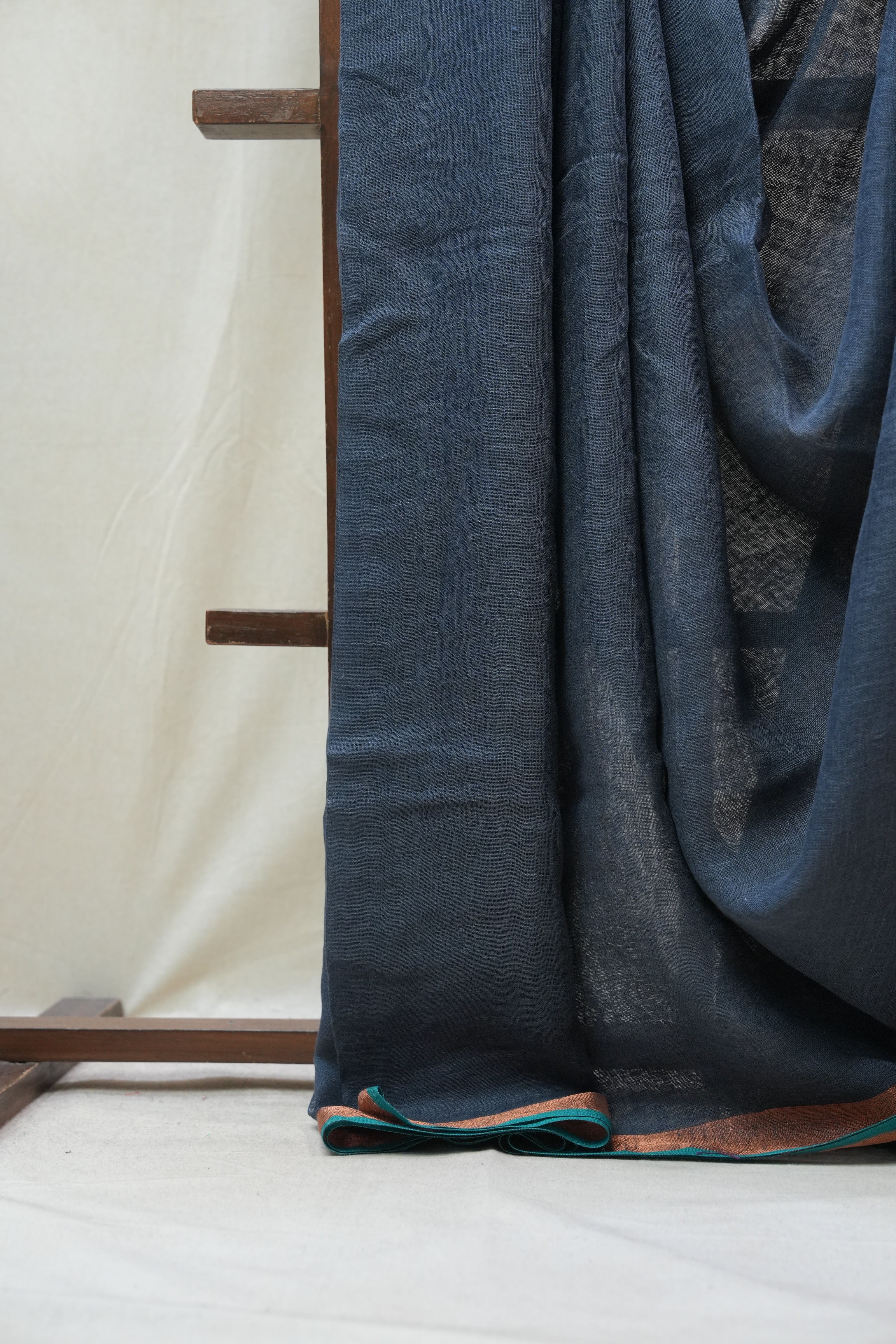 Dark Gray Plain Linen Saree With Green Tassels - SRDGPLS289