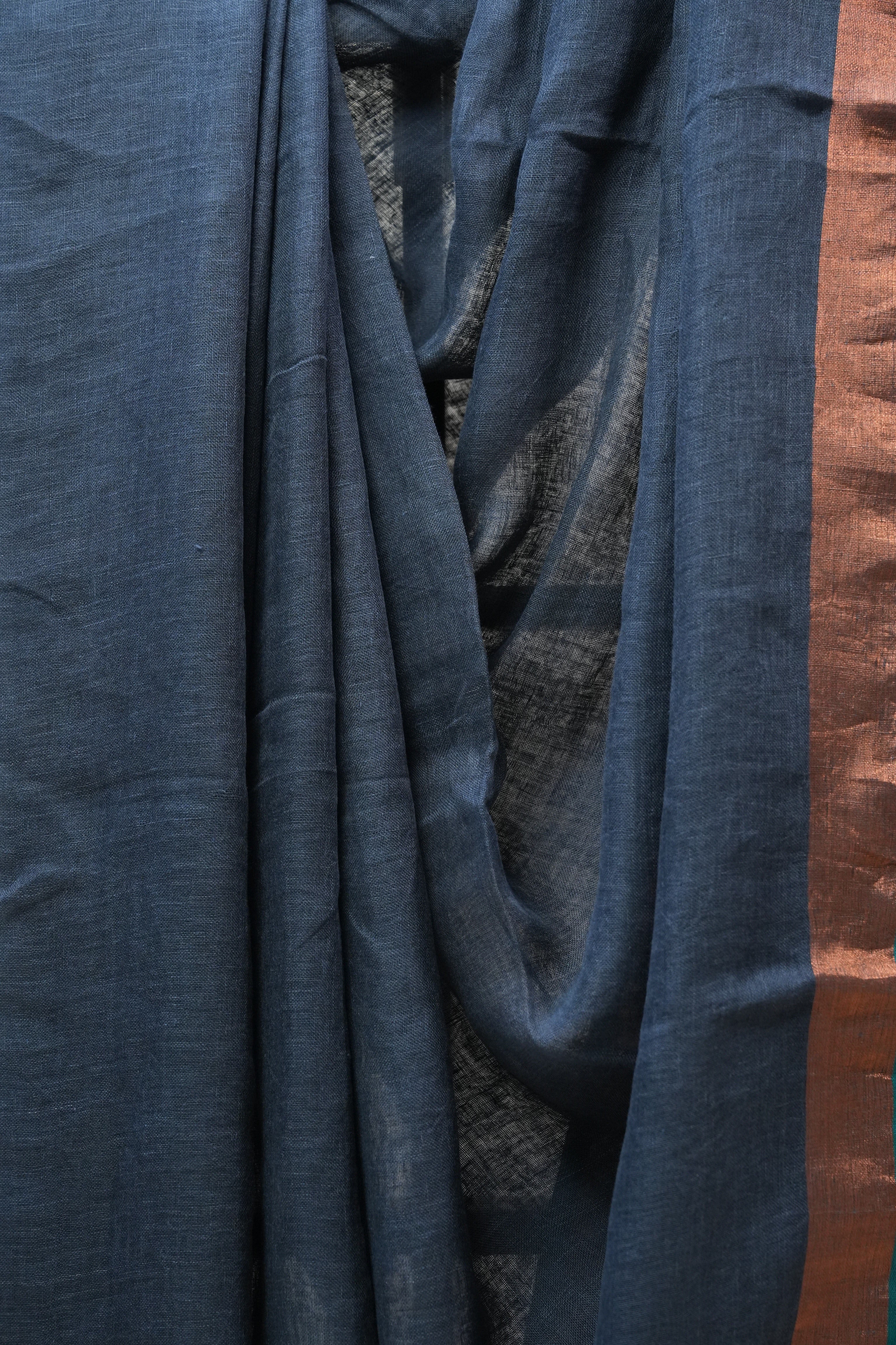 Dark Gray Plain Linen Saree With Green Tassels - SRDGPLS289