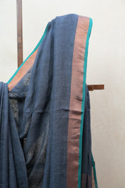 Dark Gray Plain Linen Saree With Green Tassels - SRDGPLS289
