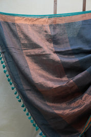 Dark Gray Plain Linen Saree With Green Tassels - SRDGPLS289