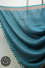 Dark Gray Plain Linen Saree With Green Tassels - SRDGPLS289