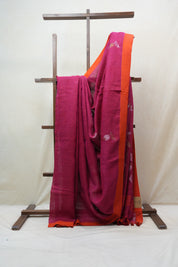 Pink Linen Jamdani Saree With Tassels -  SRPLJS375