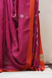 Pink Linen Jamdani Saree With Tassels -  SRPLJS375