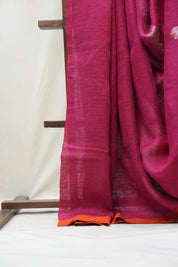 Pink Linen Jamdani Saree With Tassels -  SRPLJS375