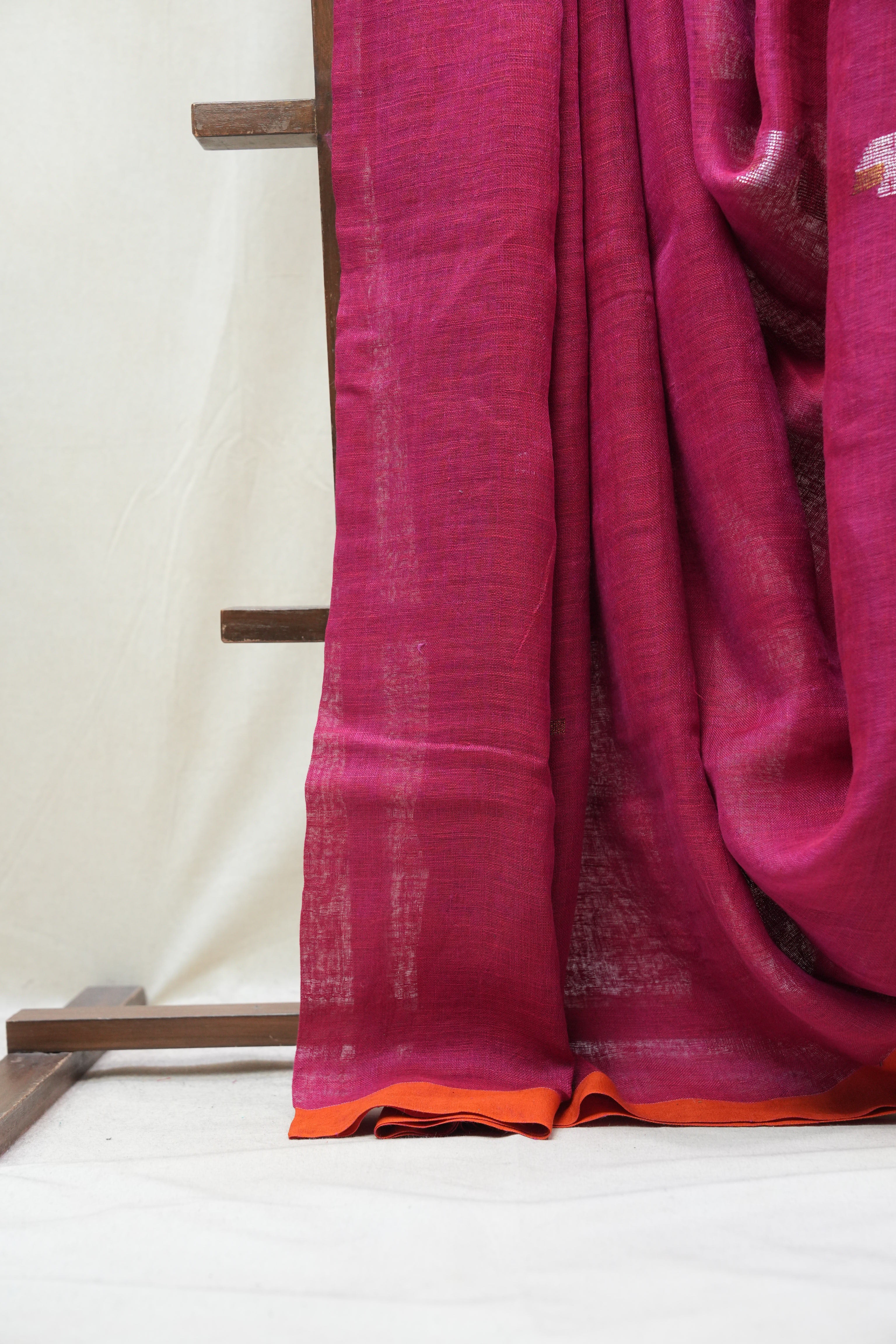 Pink Linen Jamdani Saree With Tassels -  SRPLJS375