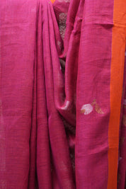 Pink Linen Jamdani Saree With Tassels -  SRPLJS375