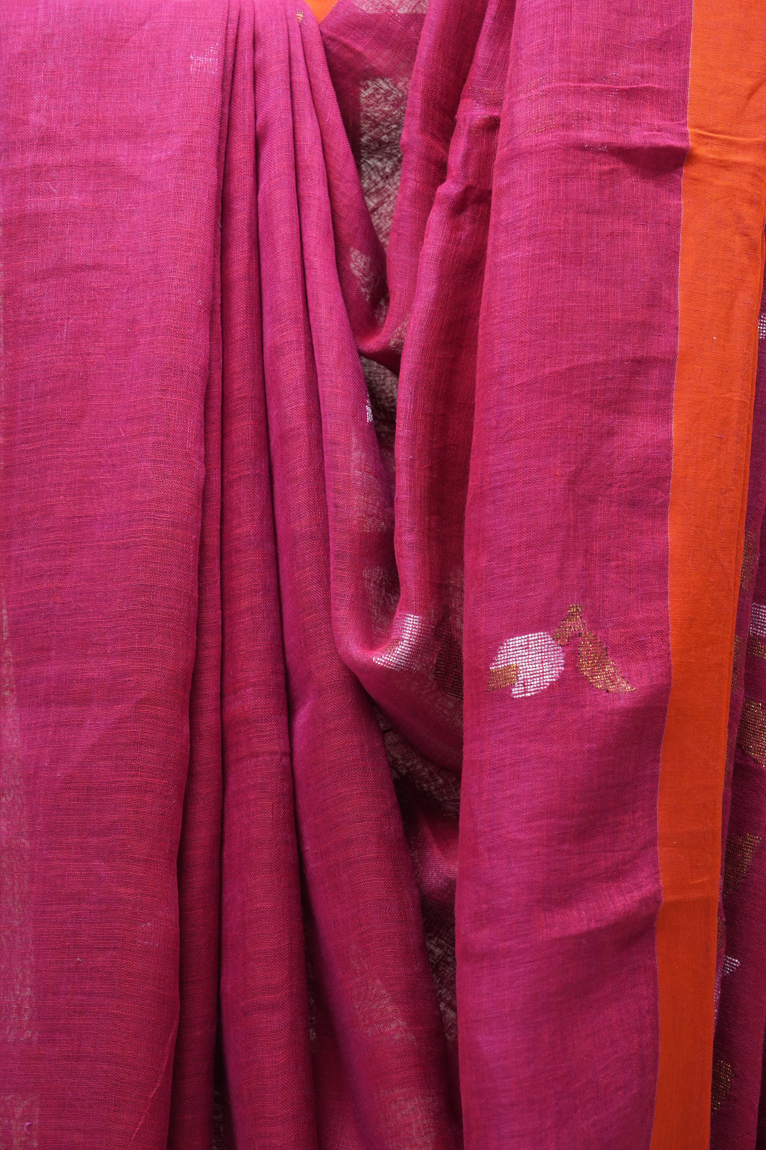 Pink Linen Jamdani Saree With Tassels -  SRPLJS375