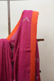 Pink Linen Jamdani Saree With Tassels -  SRPLJS375