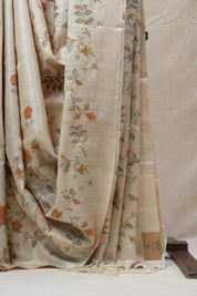 Cream Machine Embroidered Tussar Silk Saree - SRCMETSS1028