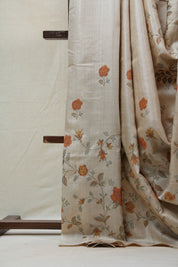 Cream Machine Embroidered Tussar Silk Saree - SRCMETSS1028