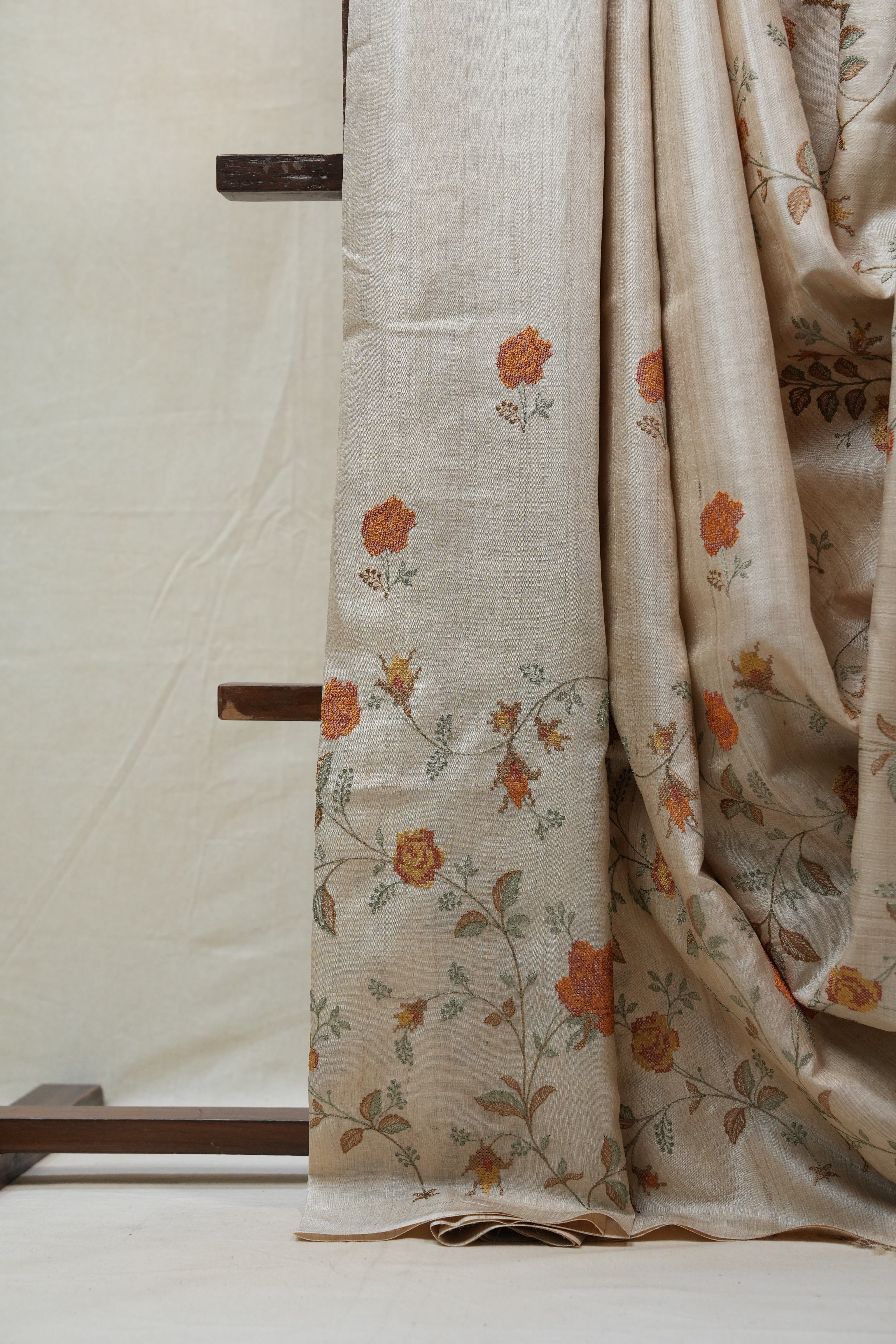 Cream Machine Embroidered Tussar Silk Saree - SRCMETSS1028