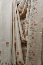 Cream Machine Embroidered Tussar Silk Saree - SRCMETSS1028