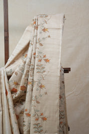 Cream Machine Embroidered Tussar Silk Saree - SRCMETSS1028