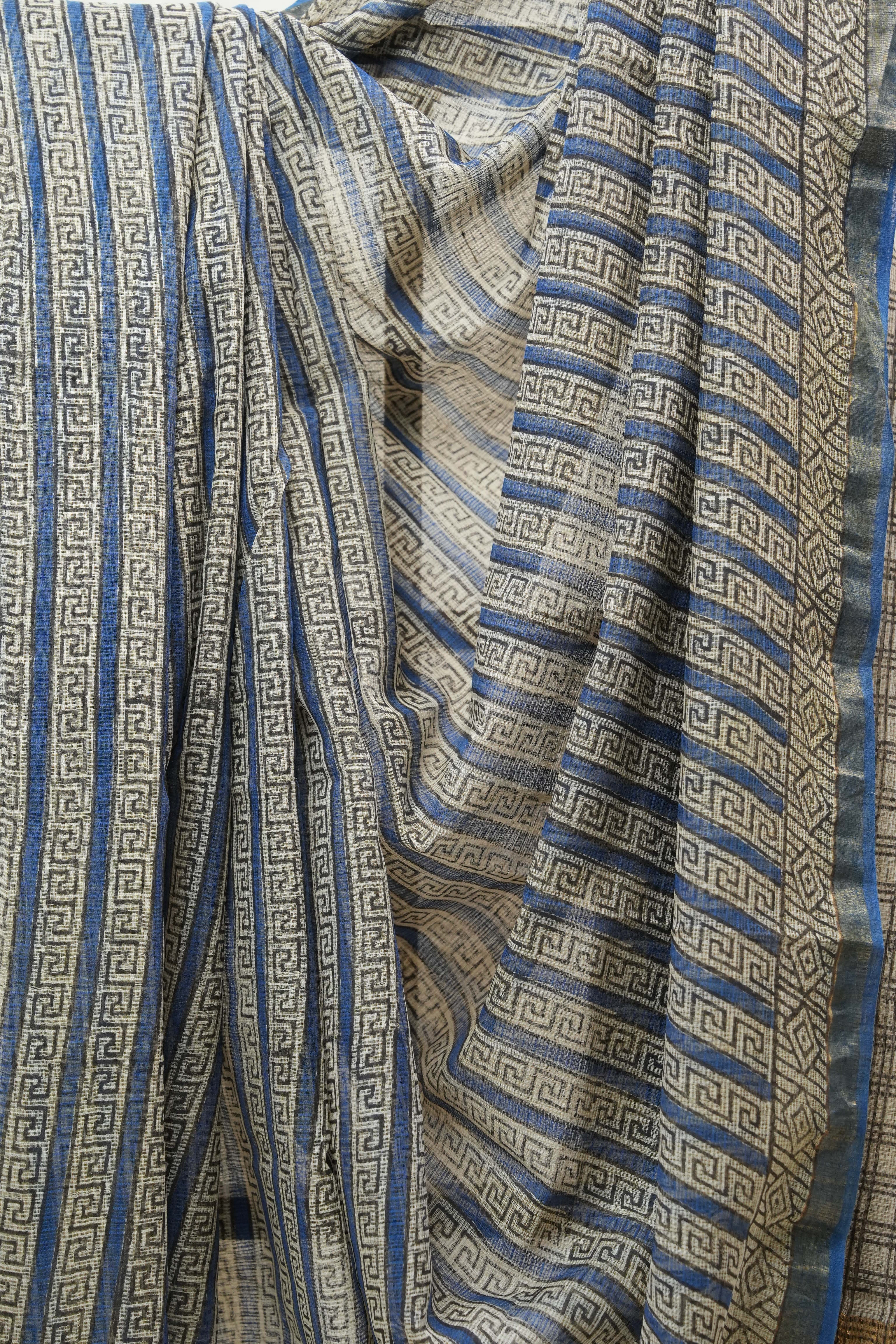 Blue-Cream HBP Kota Doria Saree - SRBCKDS157