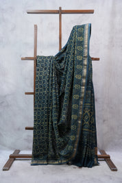 Dark Teal Blue HBP Cotton Silk Saree With Maheshwari Border - SRDTBCSS1004
