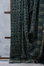 Dark Teal Blue HBP Cotton Silk Saree With Maheshwari Border - SRDTBCSS1004