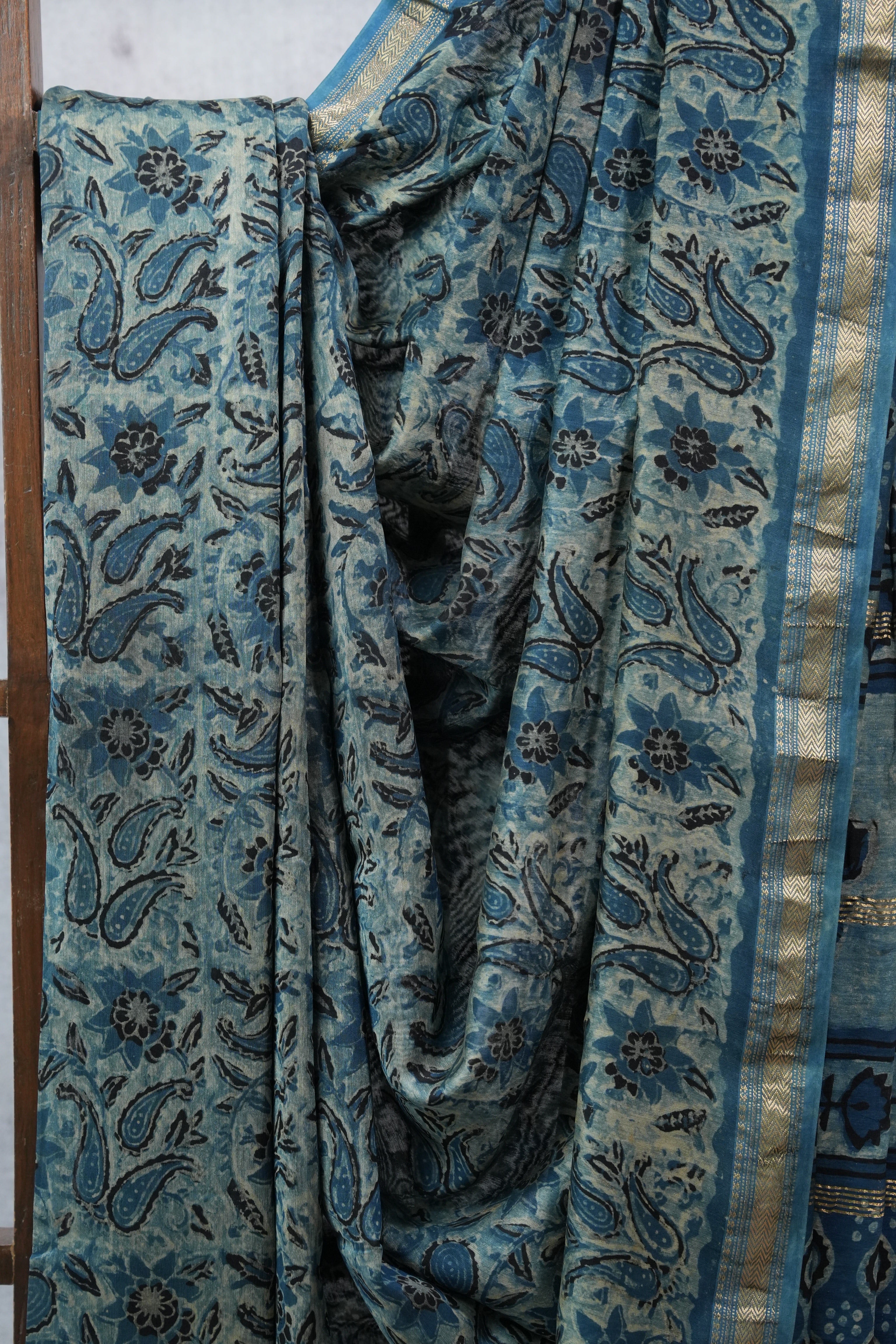 Blue HBP Cotton Silk Saree With Maheshwari Border - SRBCSS1035