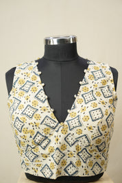 Cream HBP V-Neck Ajrakh Cotton Blouse - SRCACB63