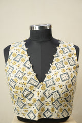 Cream HBP V-Neck Ajrakh Cotton Blouse - SRCACB63