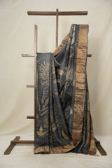 Cobalt Grey Printed Tussar Silk Saree - SRCGPTSS020