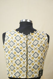 Cream HBP V-Neck Ajrakh Cotton Blouse - SRCACB63