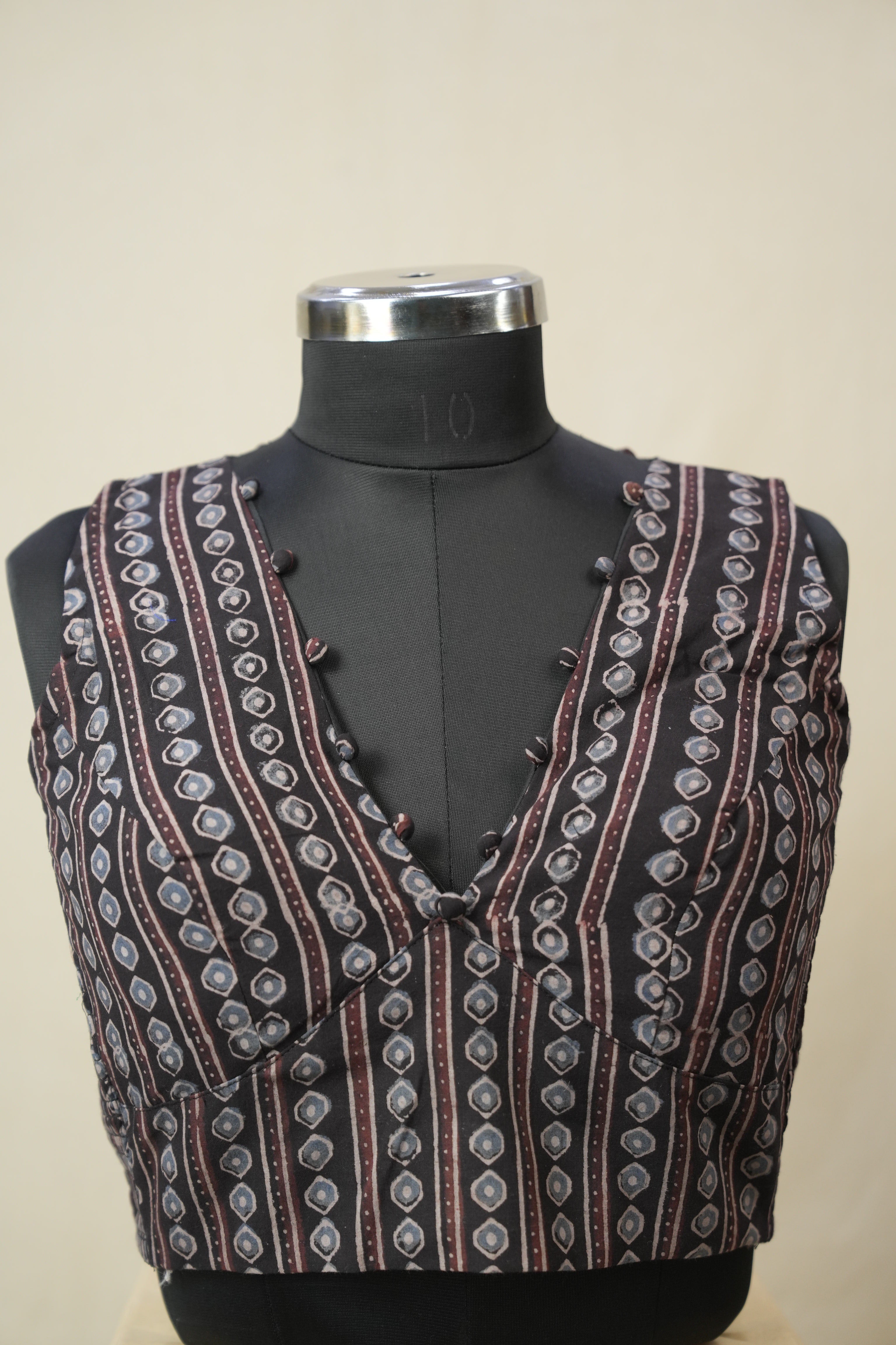Black HBP V-Neck Ajrakh Cotton Blouse - SRBACB64