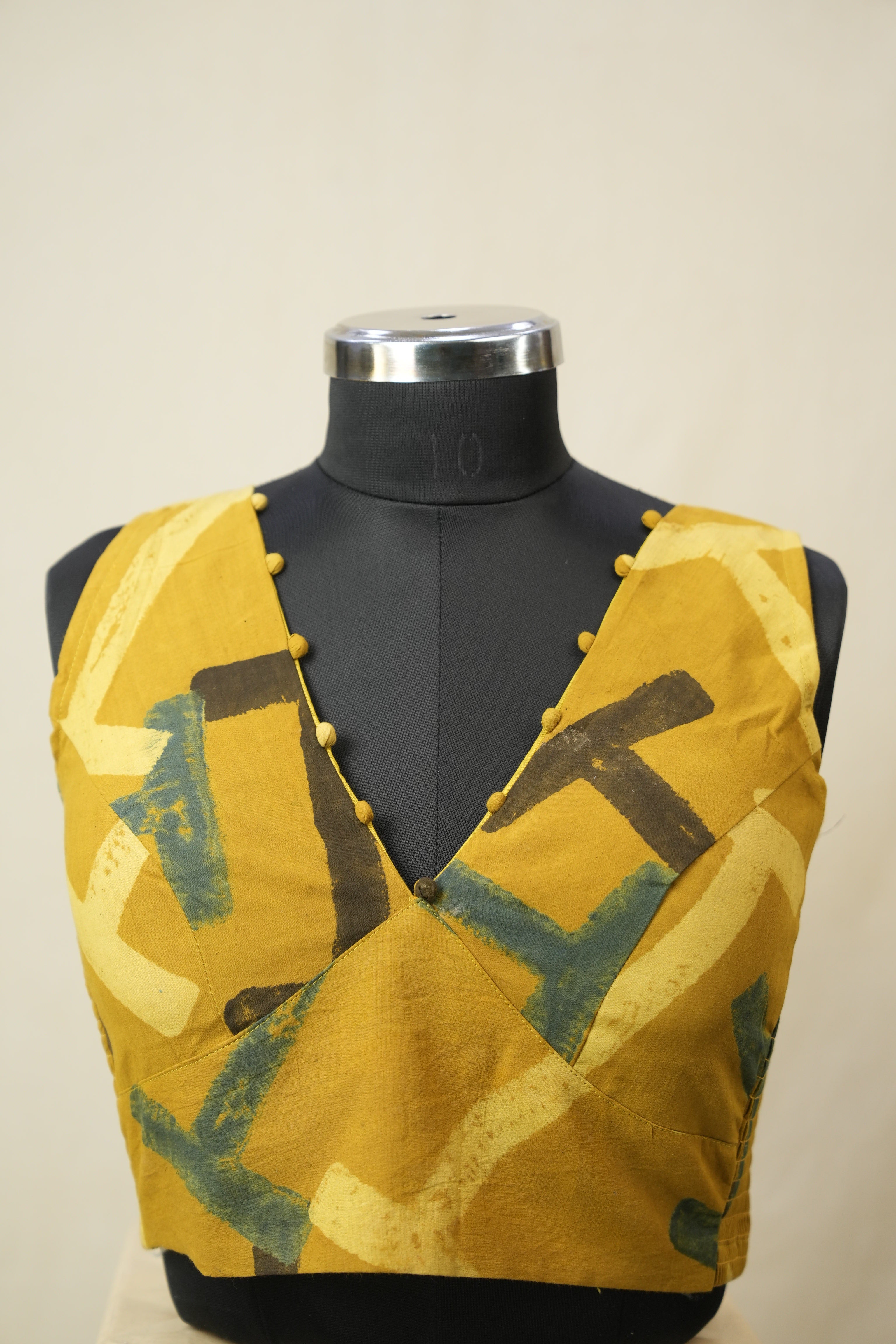 Mustard Gold HBP V-Neck Ajrakh Cotton Blouse - SRMGACB60