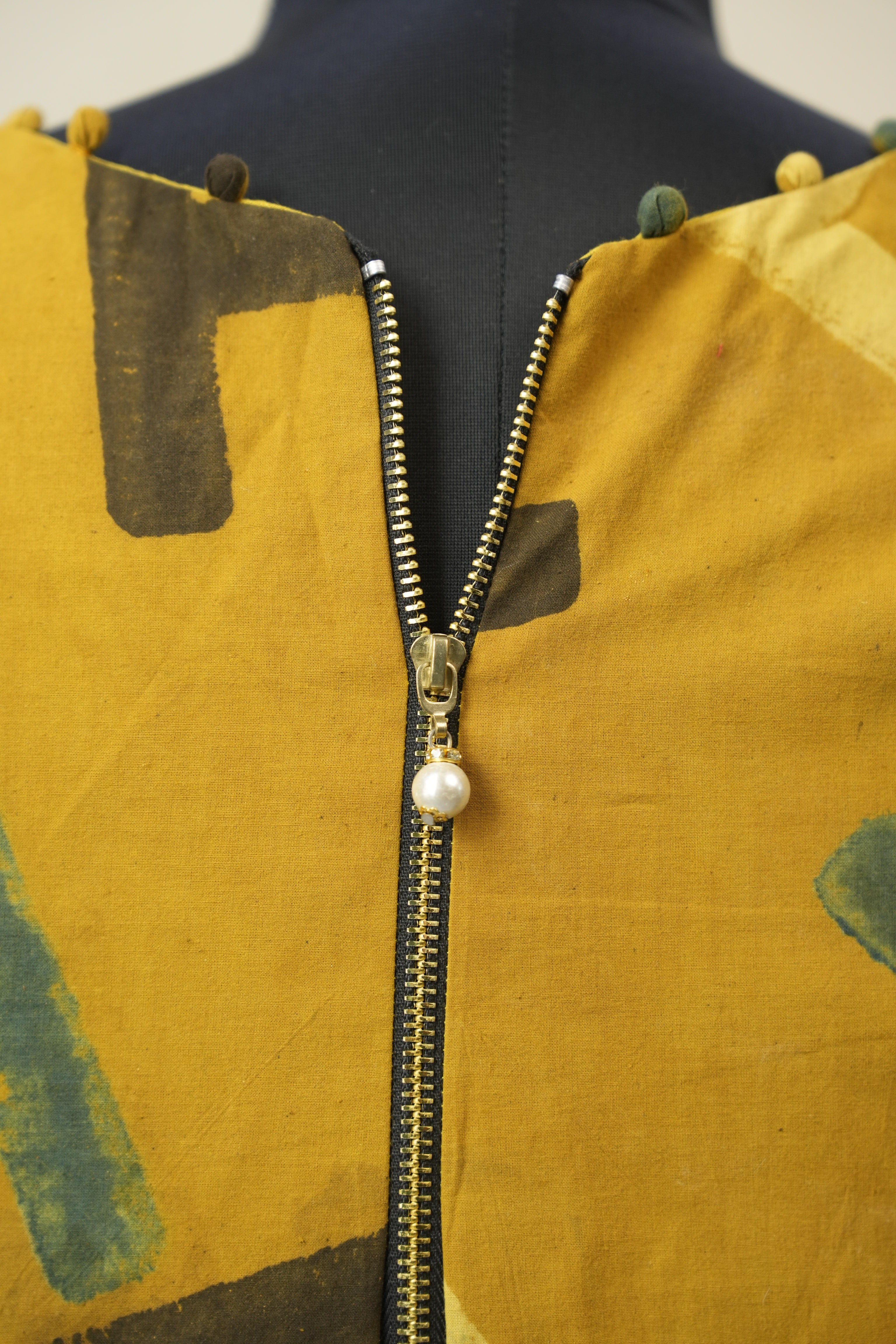 Mustard Gold HBP V-Neck Ajrakh Cotton Blouse - SRMGACB60