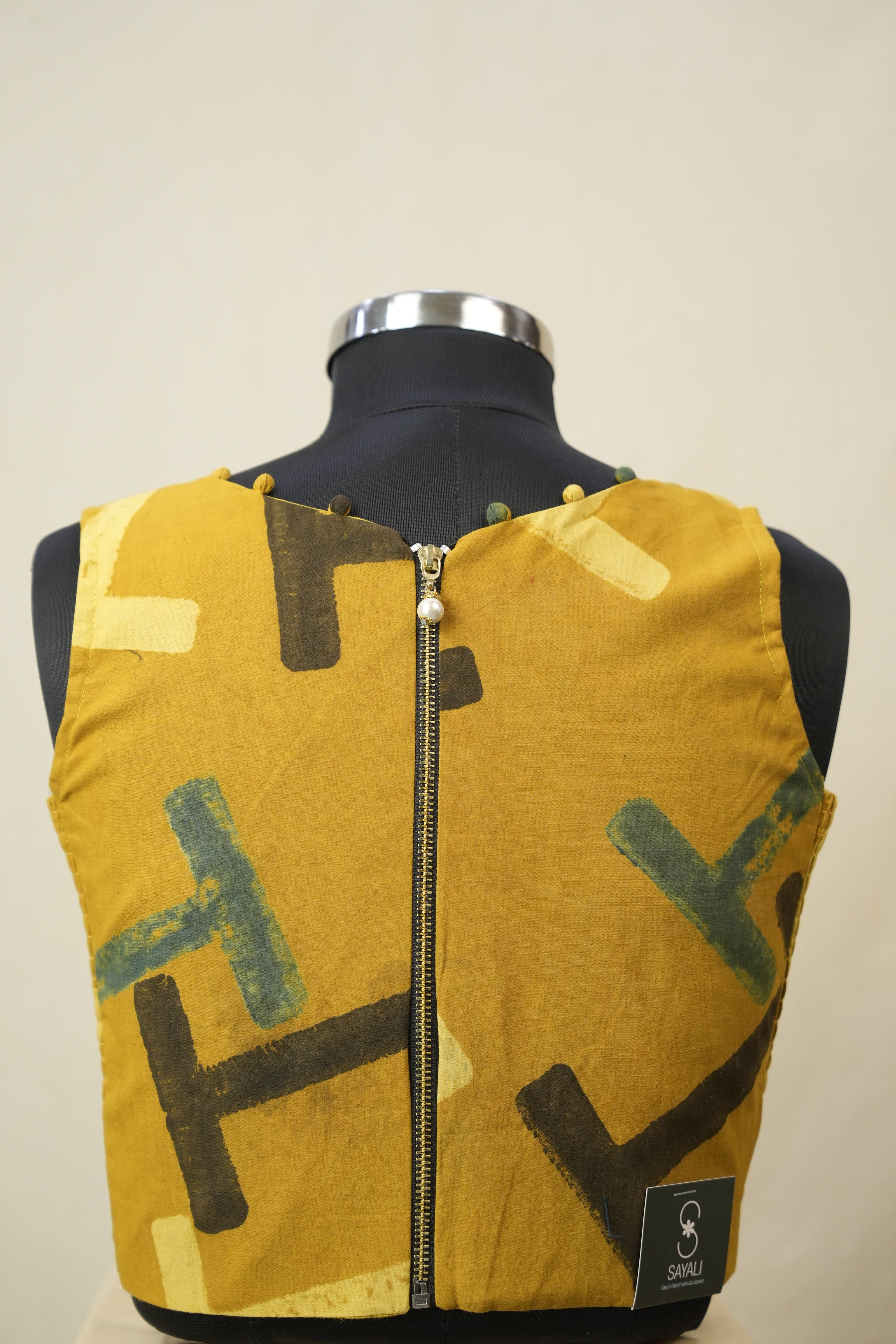 Mustard Gold HBP V-Neck Ajrakh Cotton Blouse - SRMGACB60