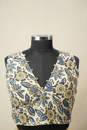 Cream HBP V-Neck Ajrakh Cotton Blouse - SRCACB65
