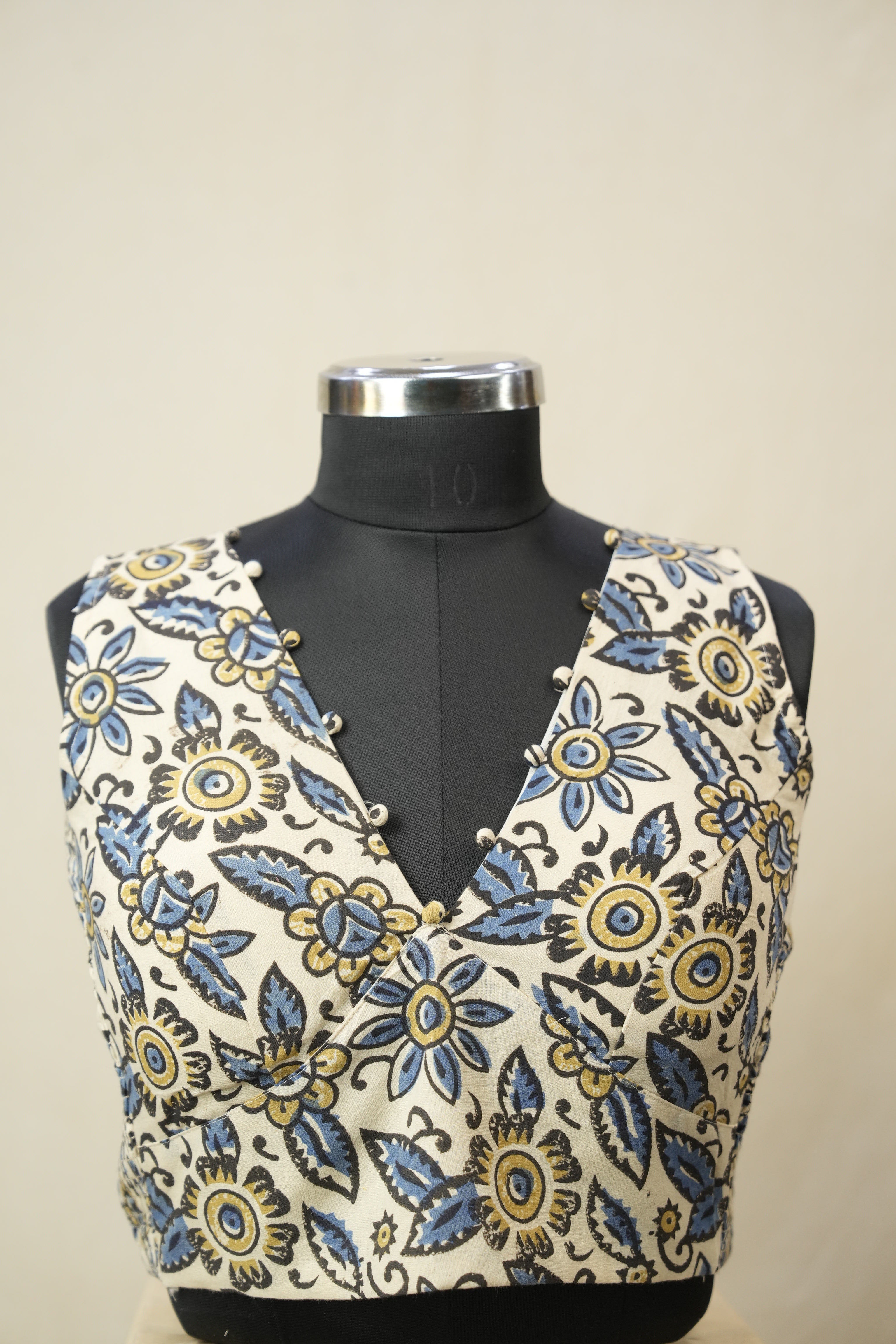 Cream HBP V-Neck Ajrakh Cotton Blouse - SRCACB65