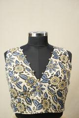 Cream HBP V-Neck Ajrakh Cotton Blouse - SRCACB65