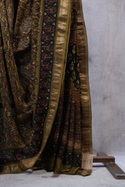 Olive Green HBP Cotton Silk Saree With Maheshwari Border - SROGCSS1026