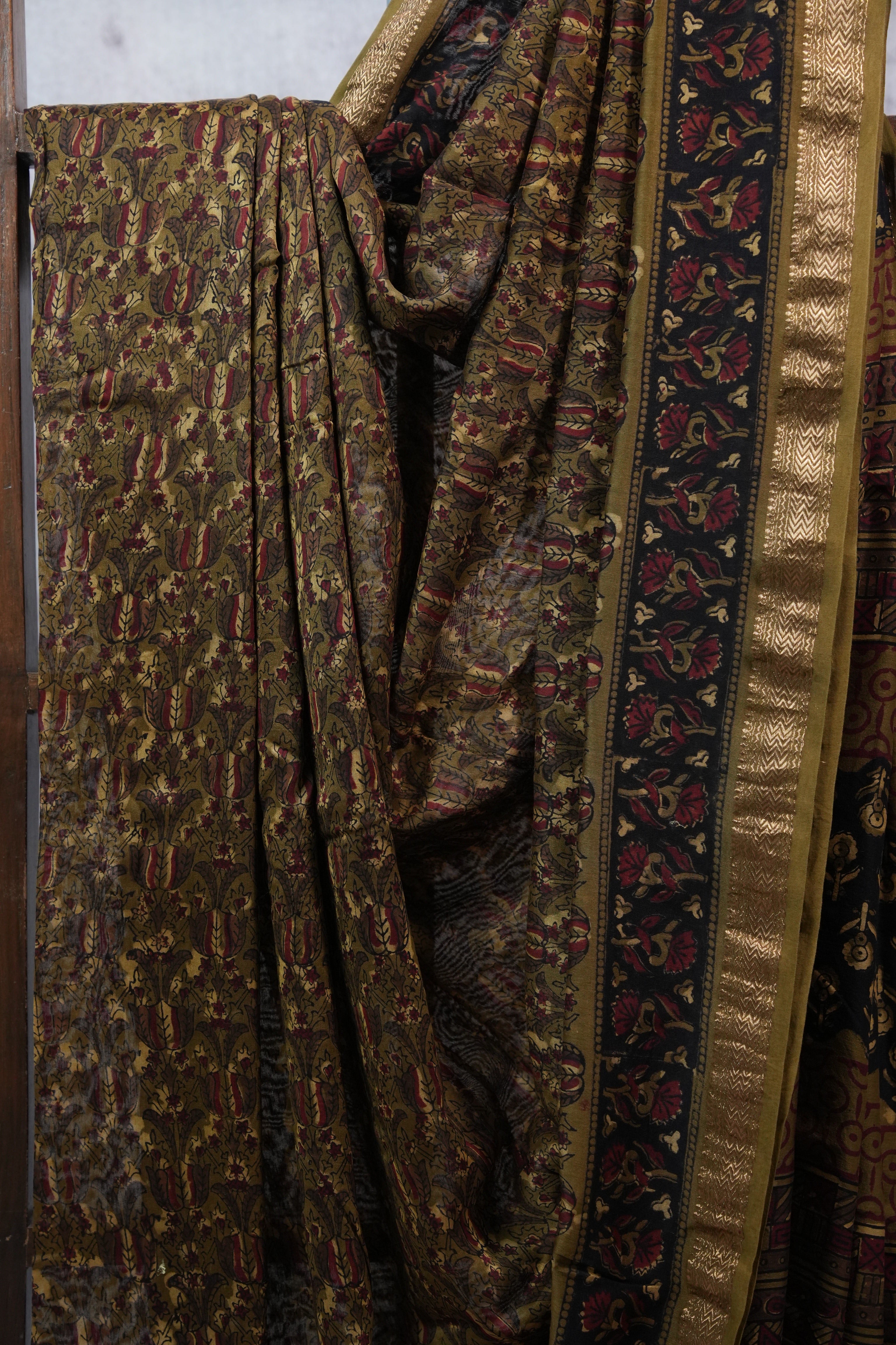 Olive Green HBP Cotton Silk Saree With Maheshwari Border - SROGCSS1026