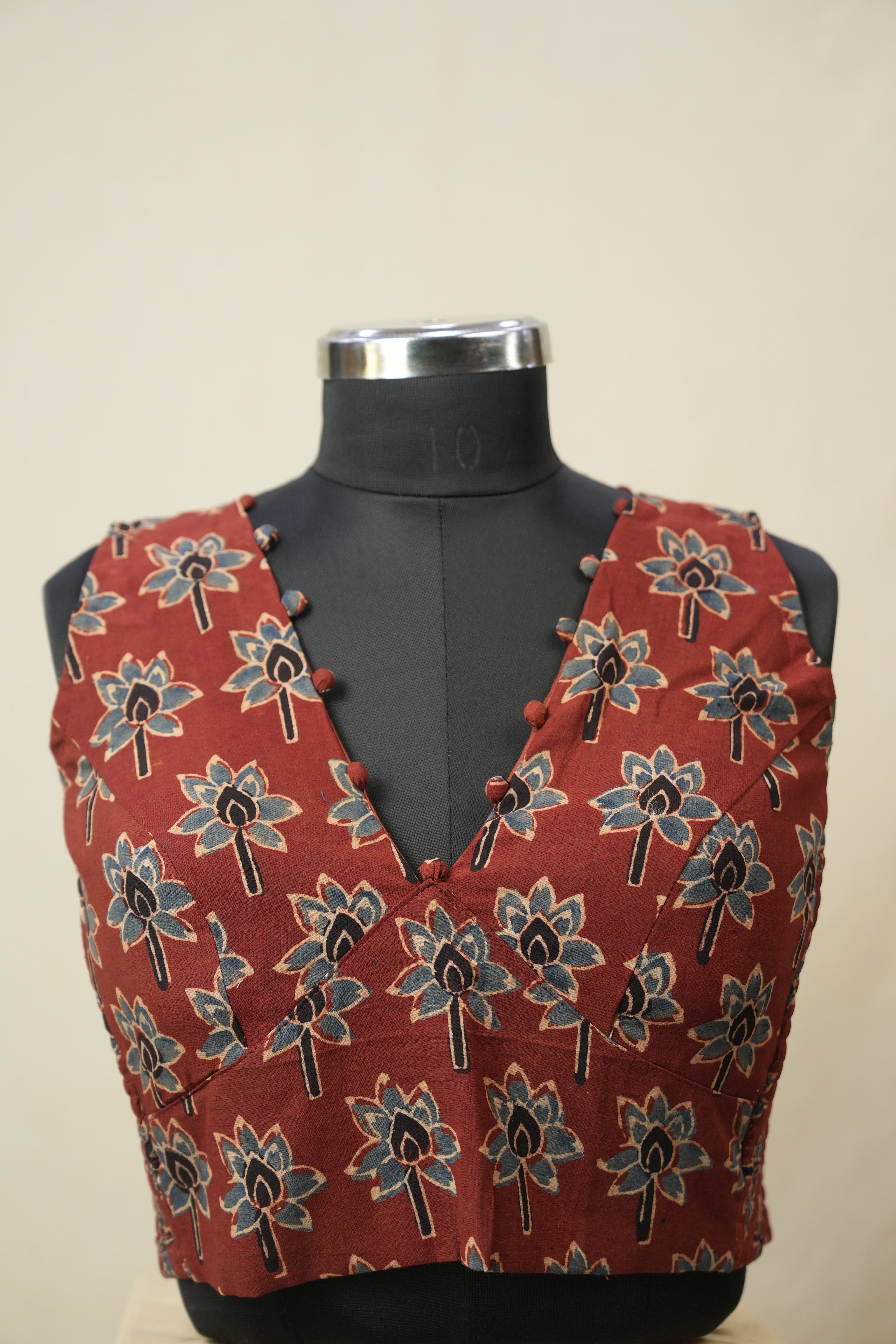 Maroon HBP V-Neck Ajrakh Cotton Blouse - SRMACB62