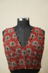 Maroon HBP V-Neck Ajrakh Cotton Blouse - SRMACB62
