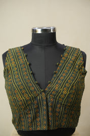 Mehendi Green HBP V-Neck Ajrakh Cotton Blouse - SRMGACB59